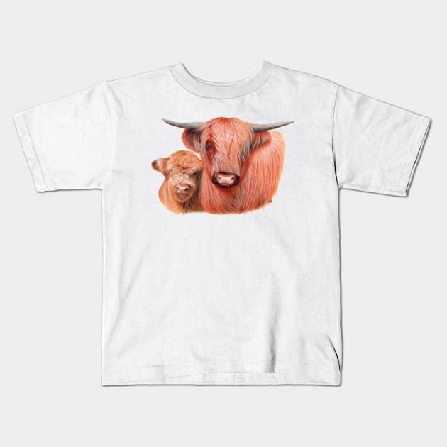 Highlander Cow with Calf-g Kids T-Shirt by Sandra Warmerdam